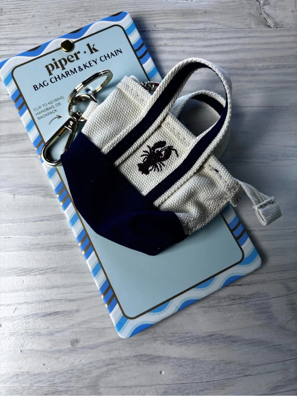 piper•k Navy & Cream Lobster Tote Bag Charm Keychain